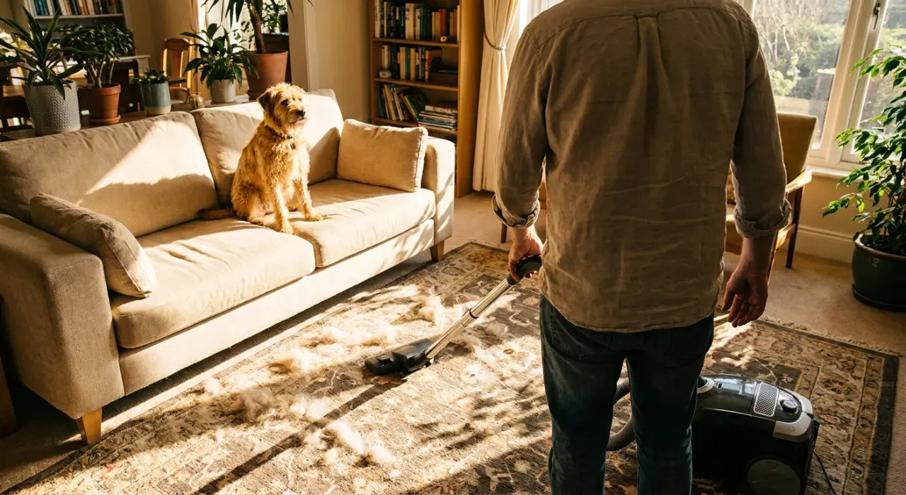 Wide environmental view of a person vacuuming pet hair from a rug while a dog watches from a couch, in bright midday sun