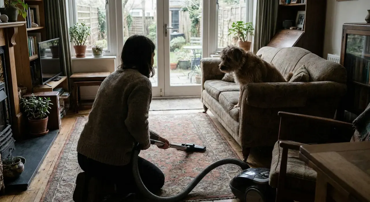 Wide view of a person vacuuming pet hair from a rug while a dog watches from a couch, in soft overcast light