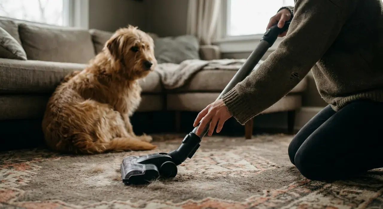 Over-the-shoulder view of a person vacuuming pet hair from a rug while a dog watches from a couch, in soft overcast light