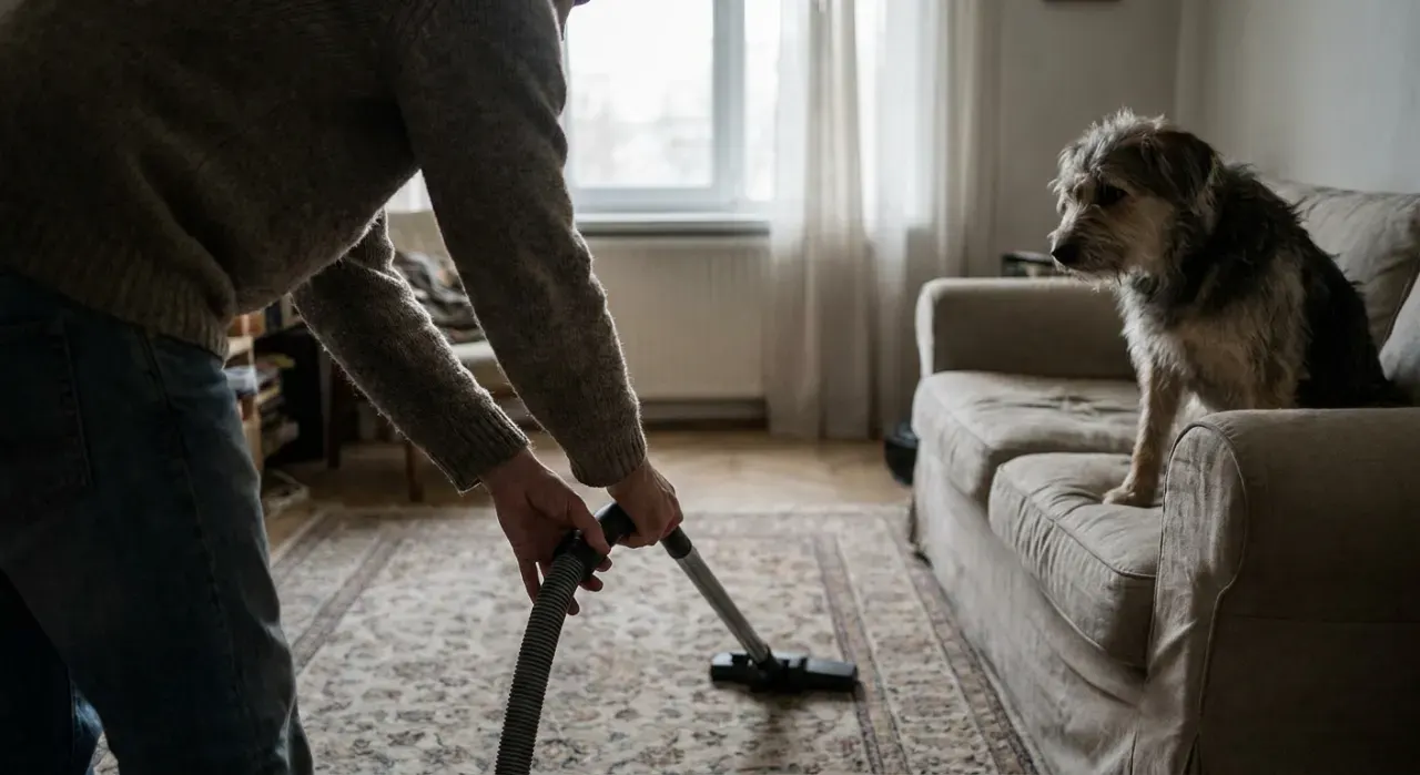Three-quarter view of a person vacuuming pet hair from a rug while a dog watches from a couch, in soft overcast light