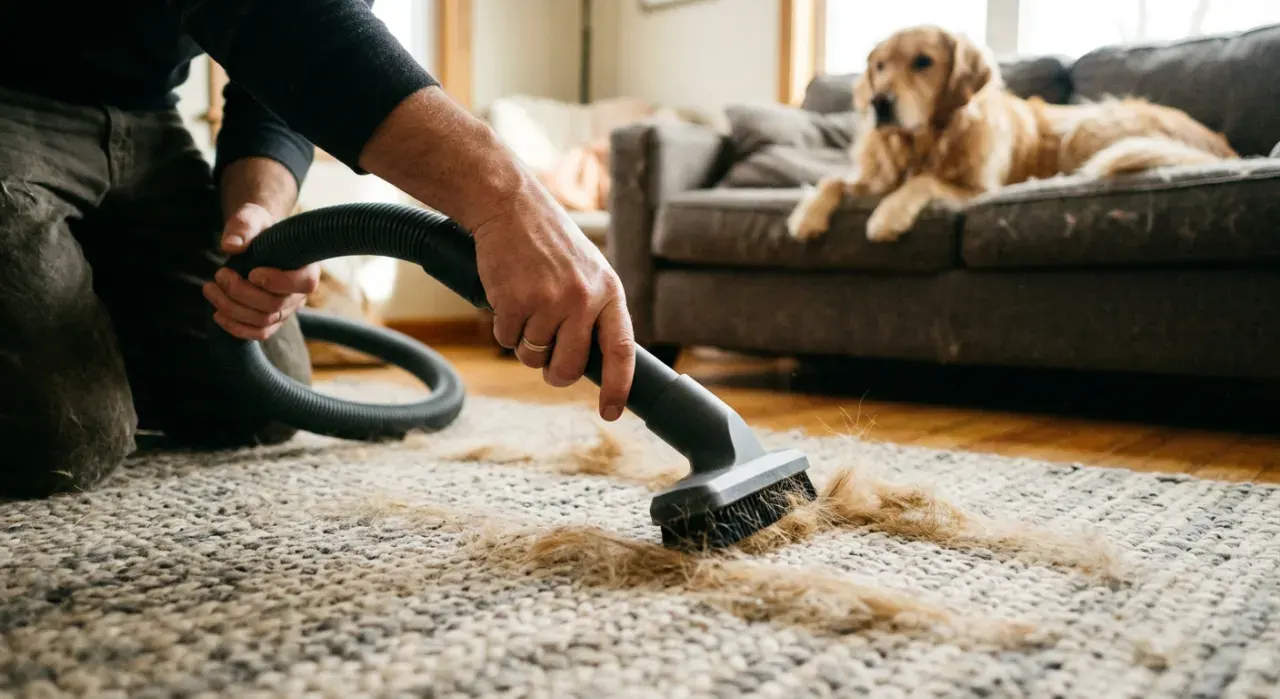 Over-the-shoulder view of a person vacuuming pet hair from a rug while a dog watches from a couch, in soft early-morning light