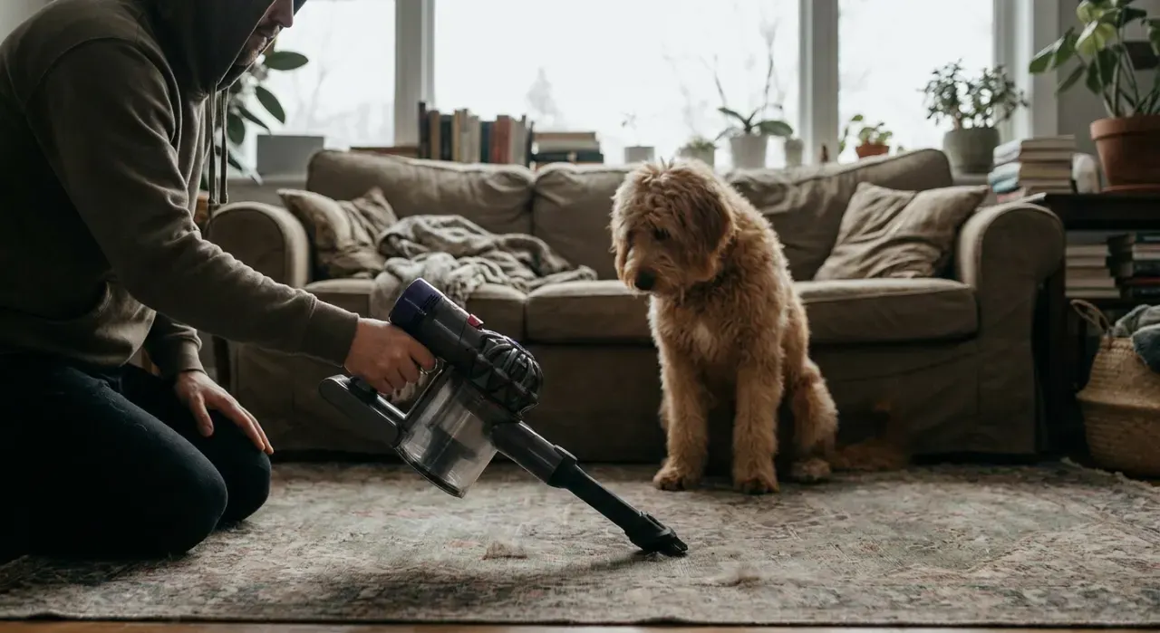 Low-angle view of a person vacuuming pet hair from a rug while a dog watches from a couch, in soft overcast light