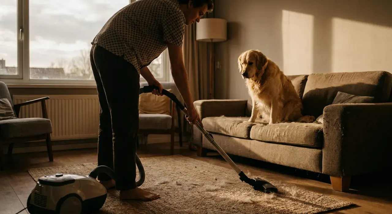 Golden-hour view of a person vacuuming pet hair from a rug while a dog watches from a couch