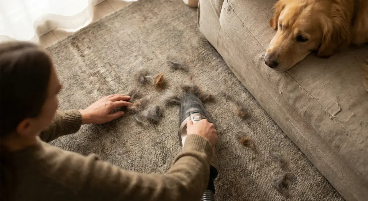 Overhead view of a person vacuuming pet hair from a rug while a dog watches from a couch, in soft overcast light