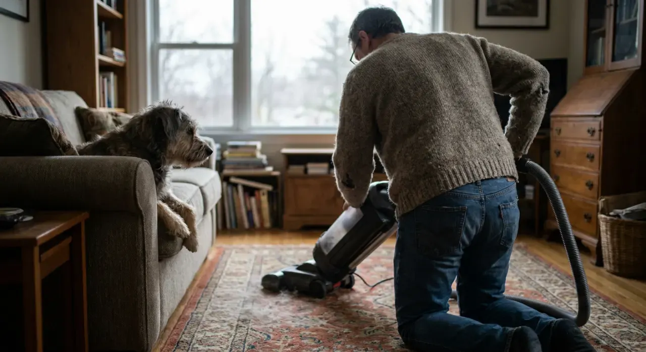 Wide environmental view of a person vacuuming pet hair from a rug while a dog watches from a couch, in soft overcast light