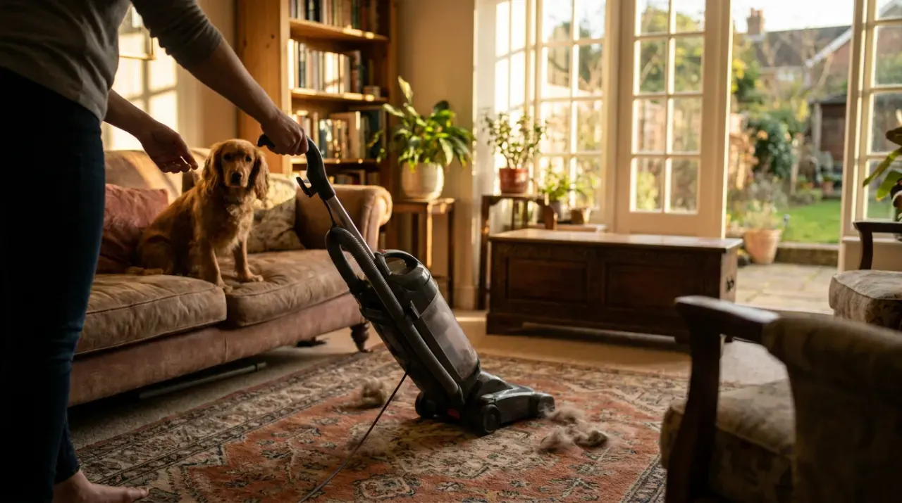 Wide view of a person vacuuming pet hair from a rug while a dog watches from a couch, in warm late-afternoon light