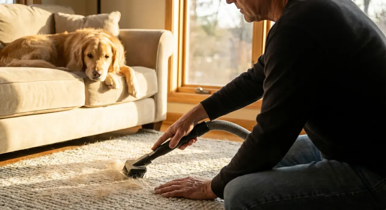 Over-the-shoulder view of a person vacuuming pet hair from a rug while a dog watches from a couch, in warm late-afternoon light