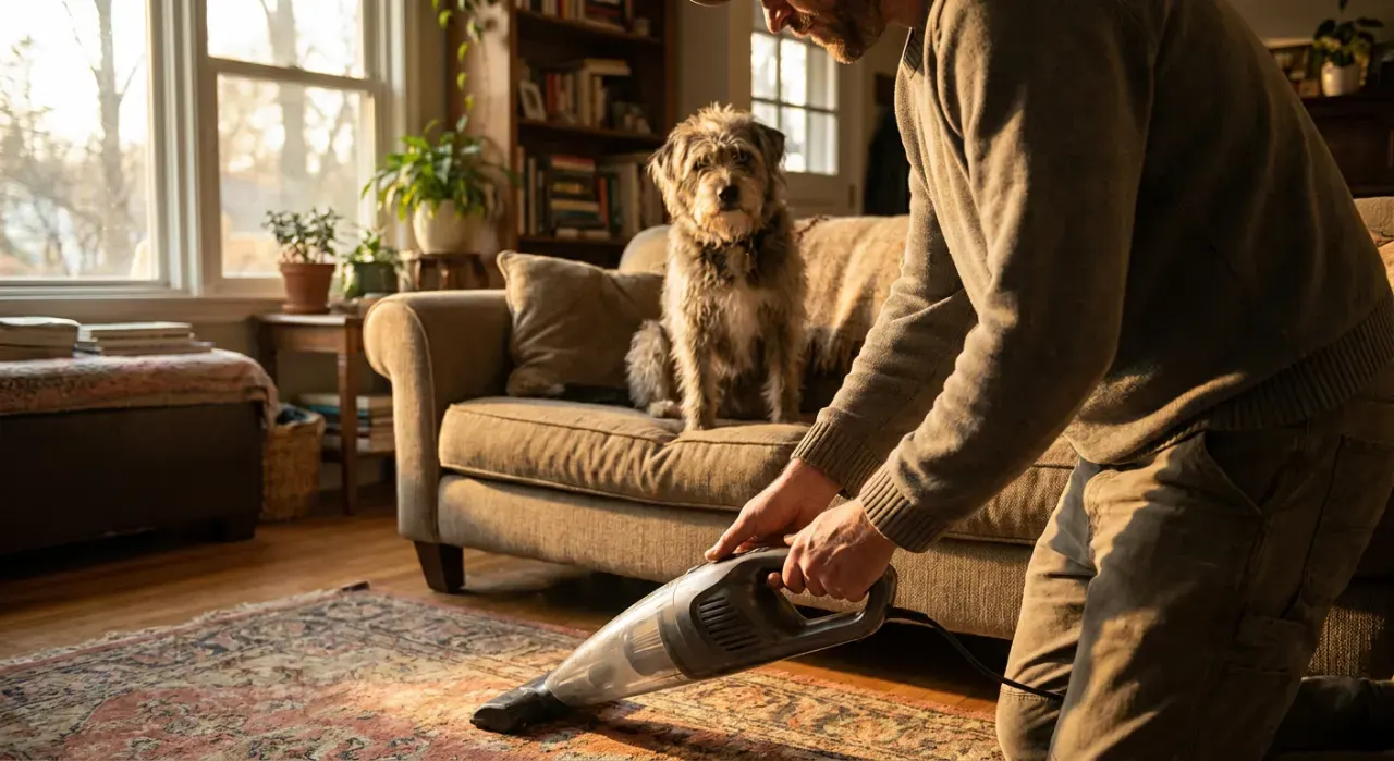 Three-quarter view of a person vacuuming pet hair from a rug while a dog watches from a couch, in warm late-afternoon light