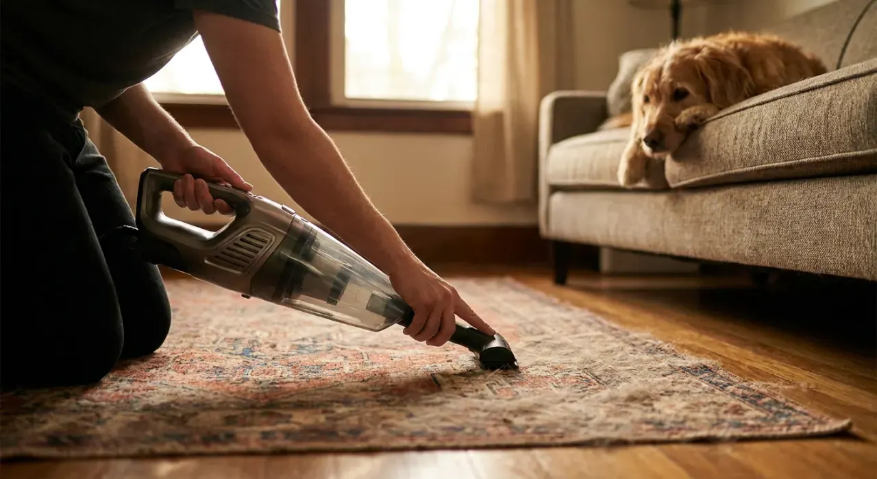 Low-angle view of a person vacuuming pet hair from a rug while a dog watches from a couch, in warm late-afternoon light