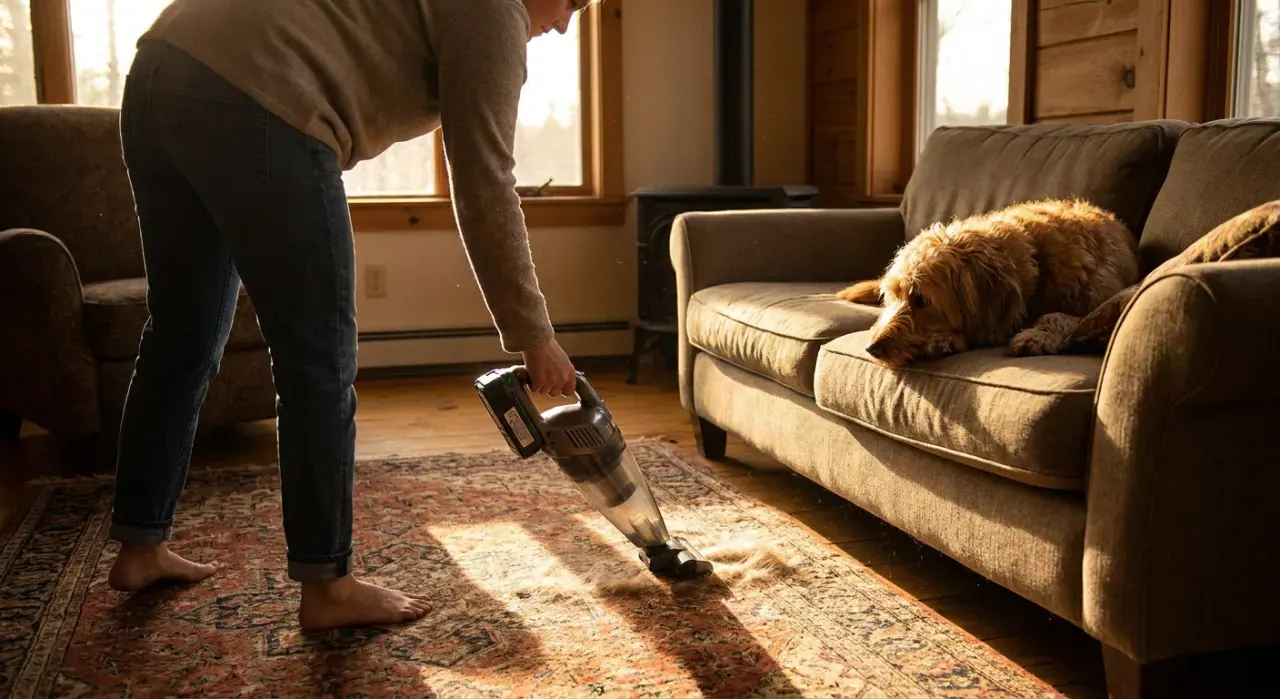 Golden-hour view of a person vacuuming pet hair from a rug while a dog watches from a couch