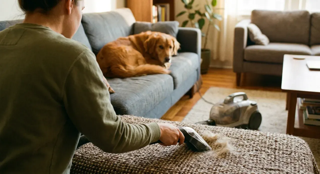 Three-quarter view of a person vacuuming pet hair from a rug while a dog watches from a couch, in soft early-morning light