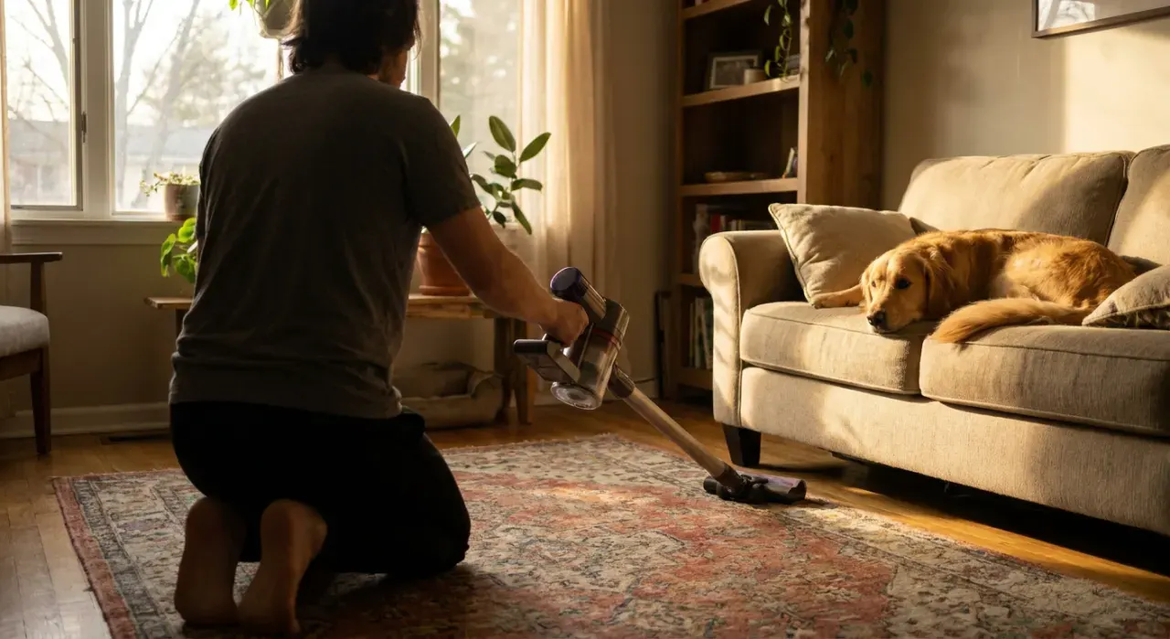 Wide environmental view of a person vacuuming pet hair from a rug while a dog watches from a couch, in warm late-afternoon light