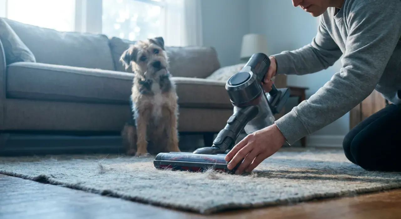 Low-angle view of a person vacuuming pet hair from a rug while a dog watches from a couch, in soft early-morning light
