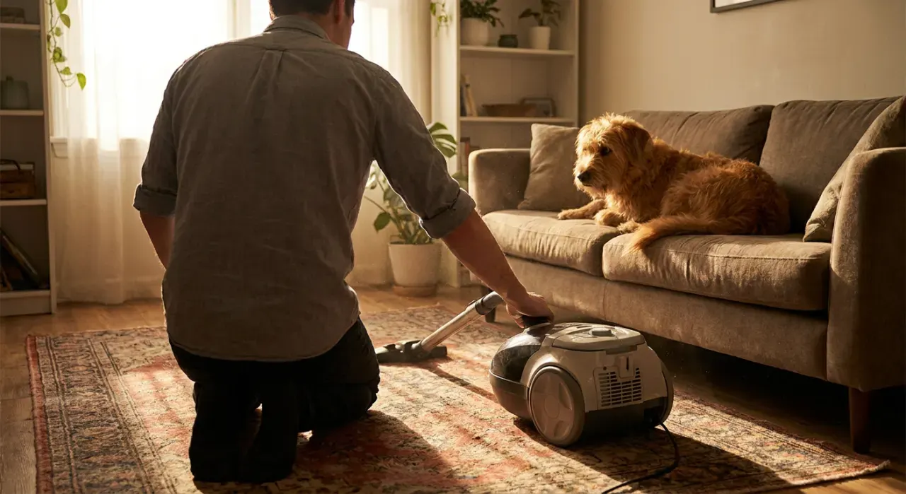 Golden-hour view of a person vacuuming pet hair from a rug while a dog watches from a couch