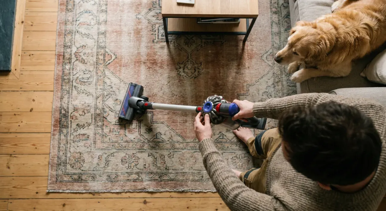 Overhead view of a person vacuuming pet hair from a rug while a dog watches from a couch, in soft early-morning light