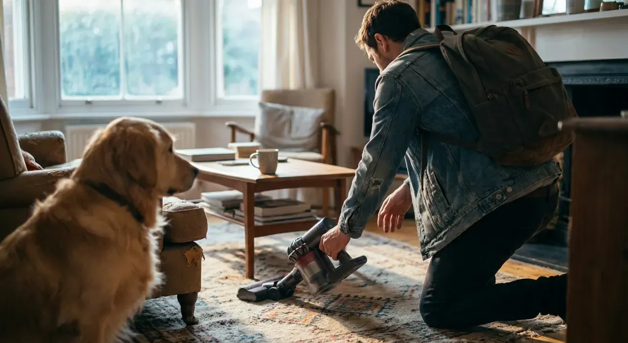 Wide environmental view of a person vacuuming pet hair from a rug while a dog watches from a couch, in soft early-morning light