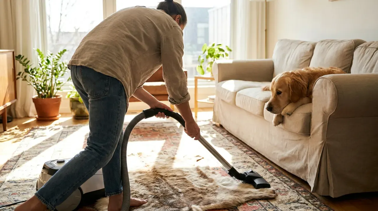 Wide view of a person vacuuming pet hair from a rug while a dog watches from a couch, in bright midday sun