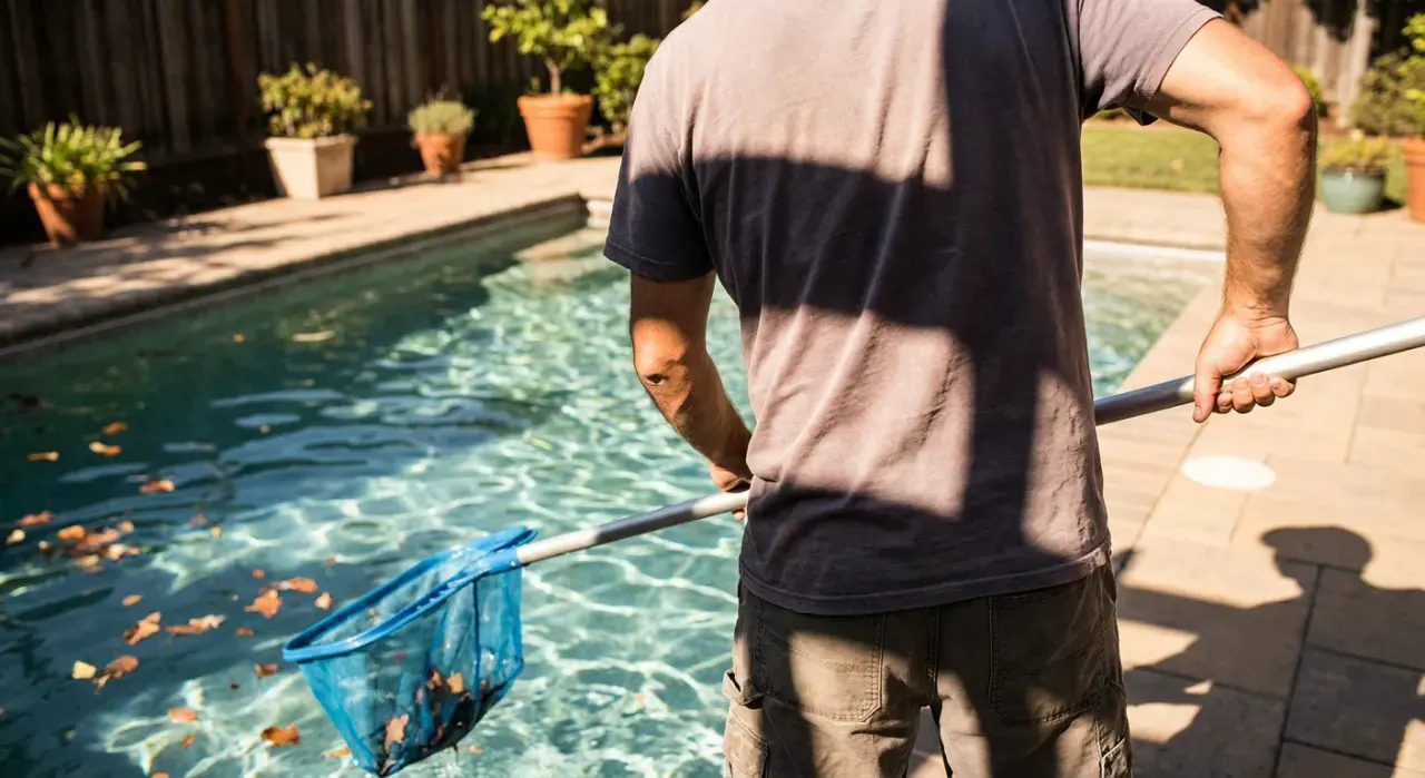 Over-the-shoulder view of a person skimming leaves from the surface of a backyard pool, in bright midday sun