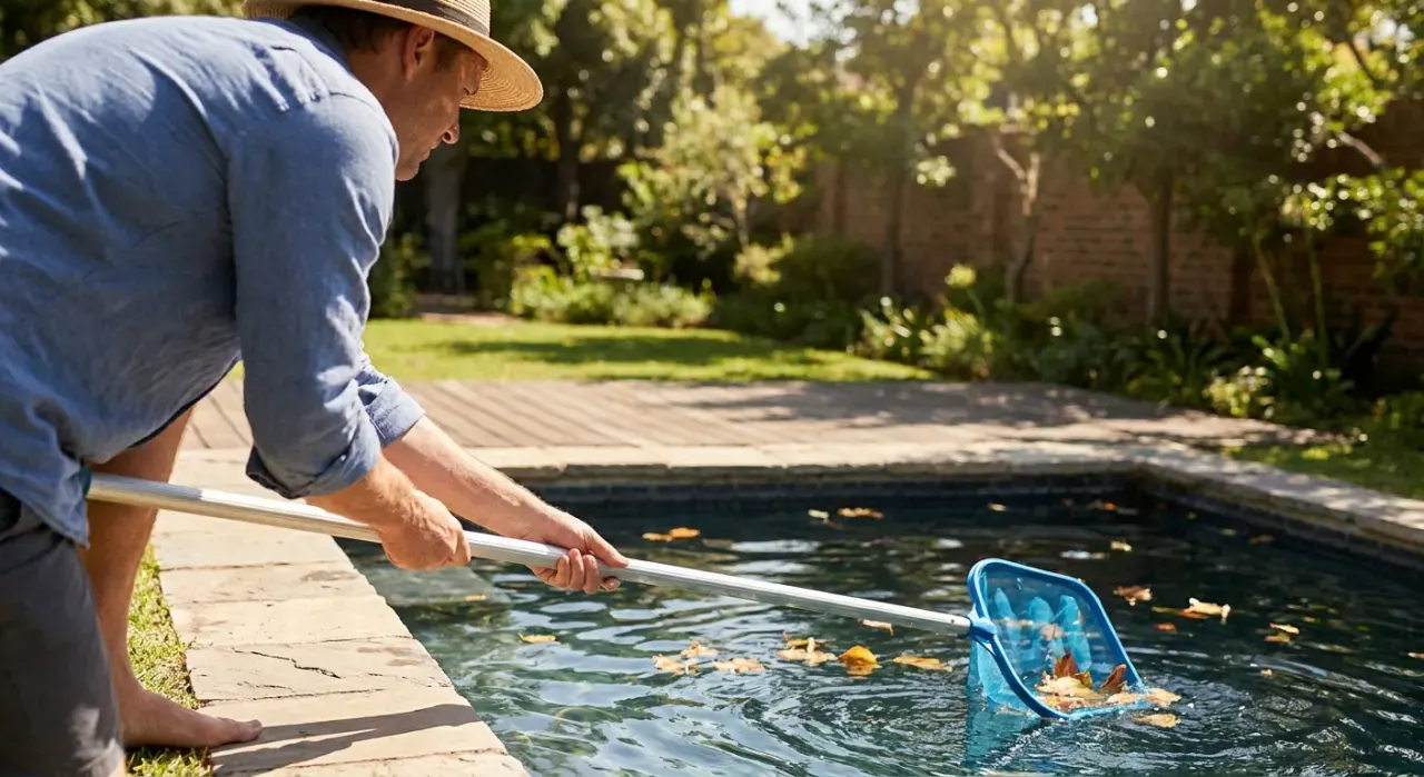 Three-quarter view of a person skimming leaves from the surface of a backyard pool, in bright midday sun