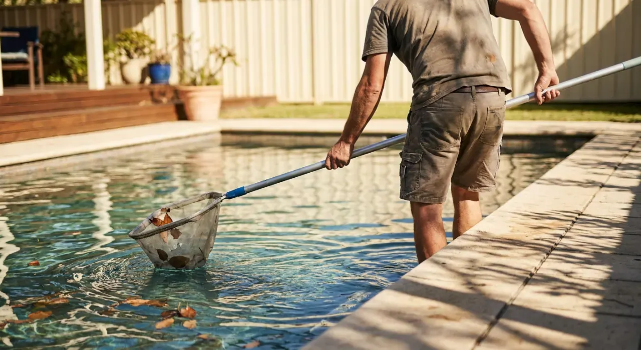 Low-angle view of a person skimming leaves from the surface of a backyard pool, in bright midday sun