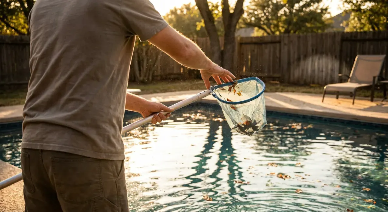 Golden-hour view of a person skimming leaves from the surface of a backyard pool
