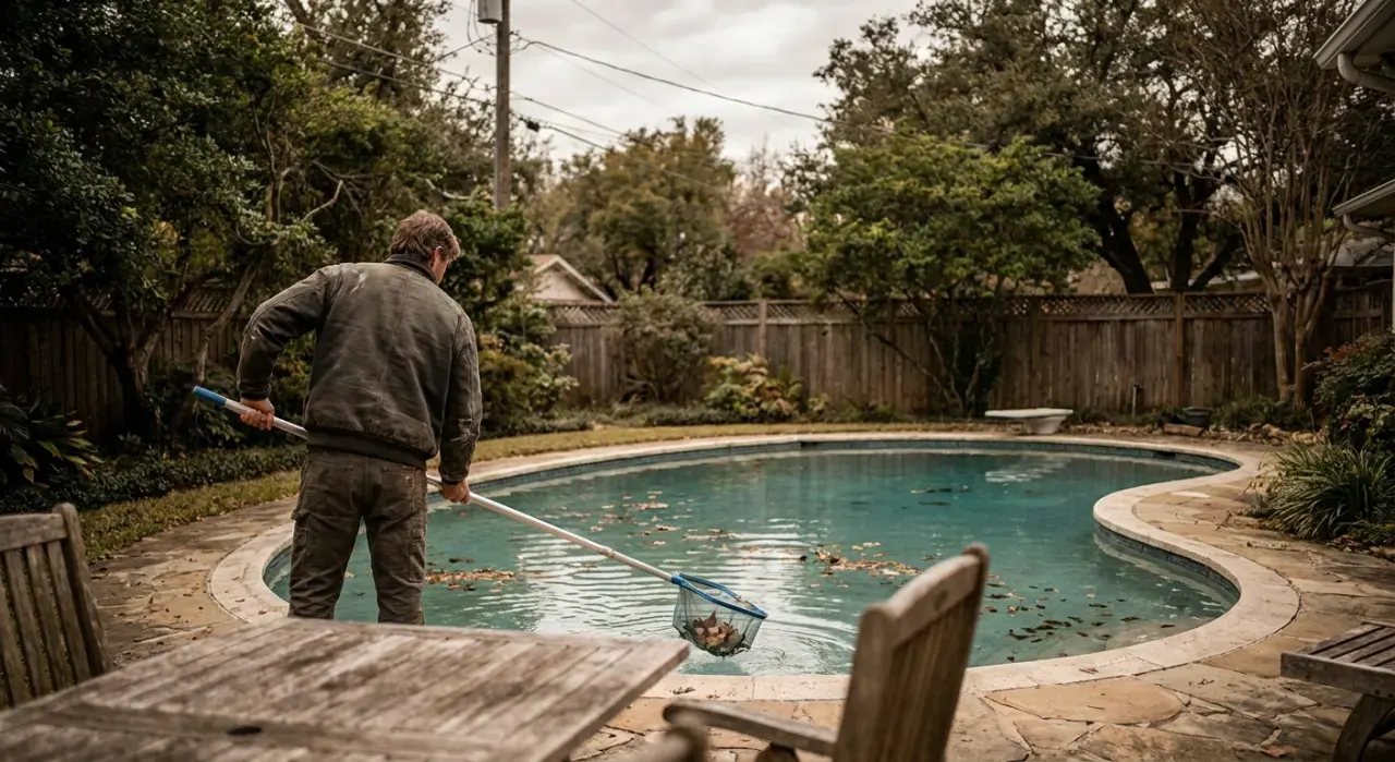Wide view of a person skimming leaves from the surface of a backyard pool, in soft overcast light