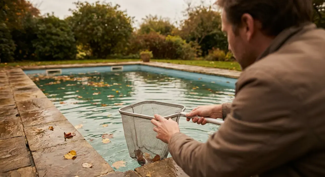 Over-the-shoulder view of a person skimming leaves from the surface of a backyard pool, in soft overcast light
