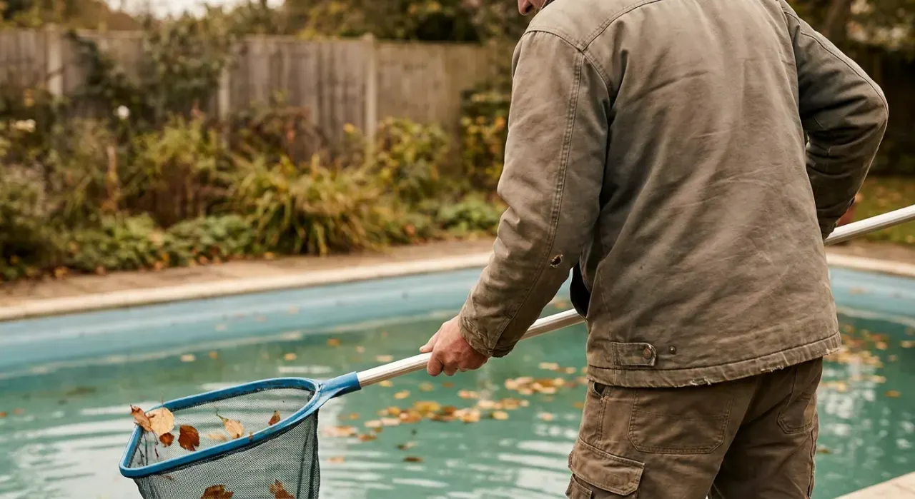 Three-quarter view of a person skimming leaves from the surface of a backyard pool, in soft overcast light