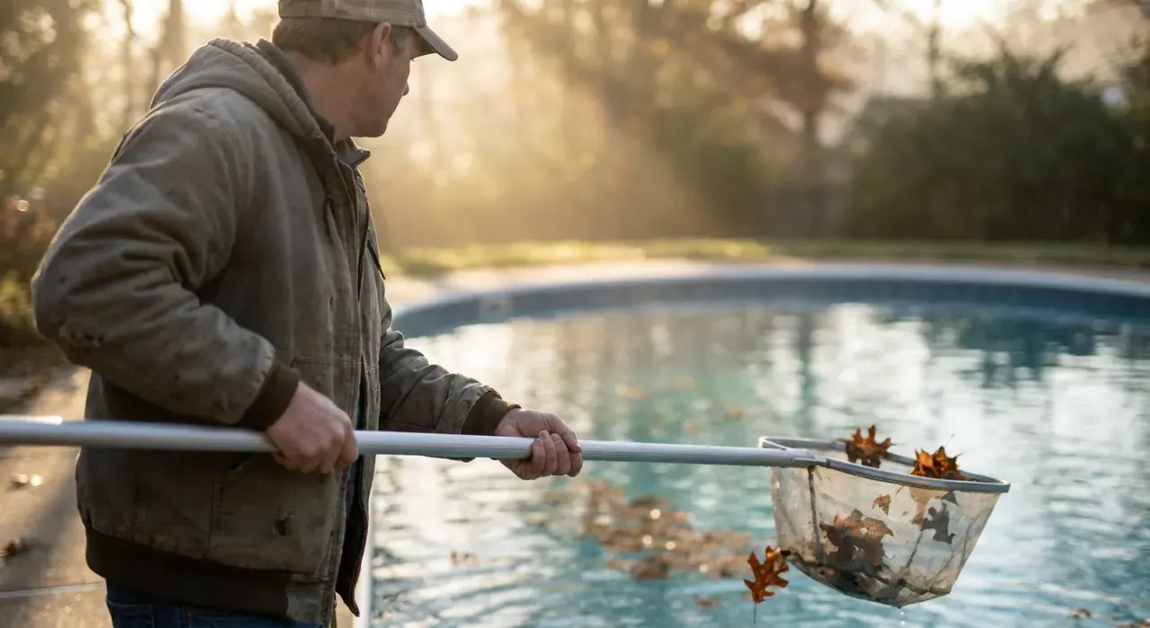 Over-the-shoulder view of a person skimming leaves from the surface of a backyard pool, in soft early-morning light