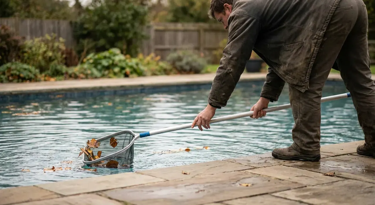 Low-angle view of a person skimming leaves from the surface of a backyard pool, in soft overcast light