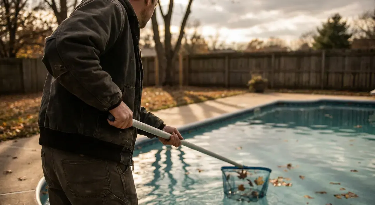 Golden-hour view of a person skimming leaves from the surface of a backyard pool