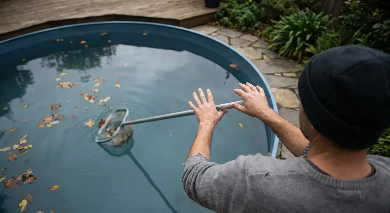 Overhead view of a person skimming leaves from the surface of a backyard pool, in soft overcast light