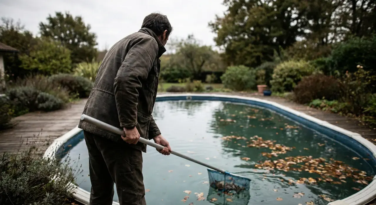 Wide environmental view of a person skimming leaves from the surface of a backyard pool, in soft overcast light