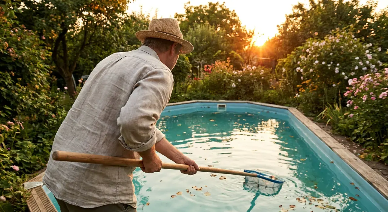 Wide view of a person skimming leaves from the surface of a backyard pool, in warm late-afternoon light
