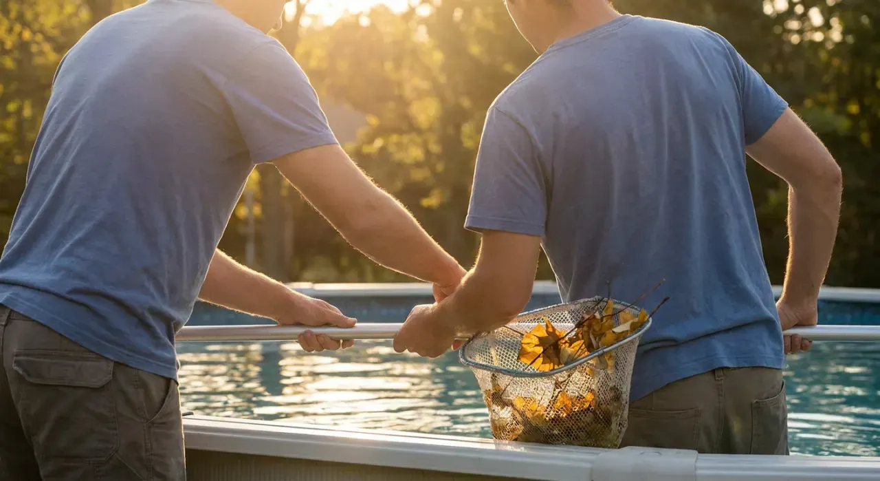 Over-the-shoulder view of a person skimming leaves from the surface of a backyard pool, in warm late-afternoon light