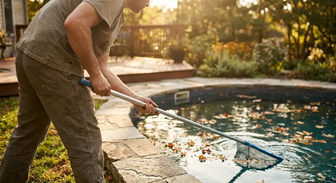 Low-angle view of a person skimming leaves from the surface of a backyard pool, in warm late-afternoon light