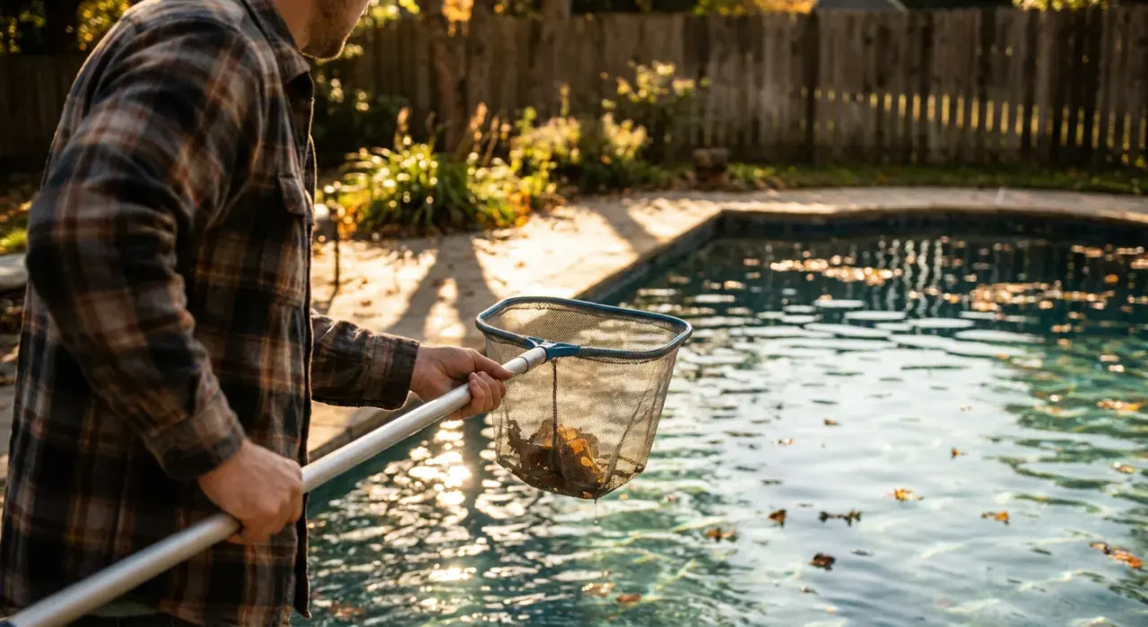 Golden-hour view of a person skimming leaves from the surface of a backyard pool