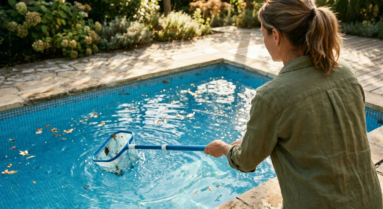 Three-quarter view of a person skimming leaves from the surface of a backyard pool, in soft early-morning light