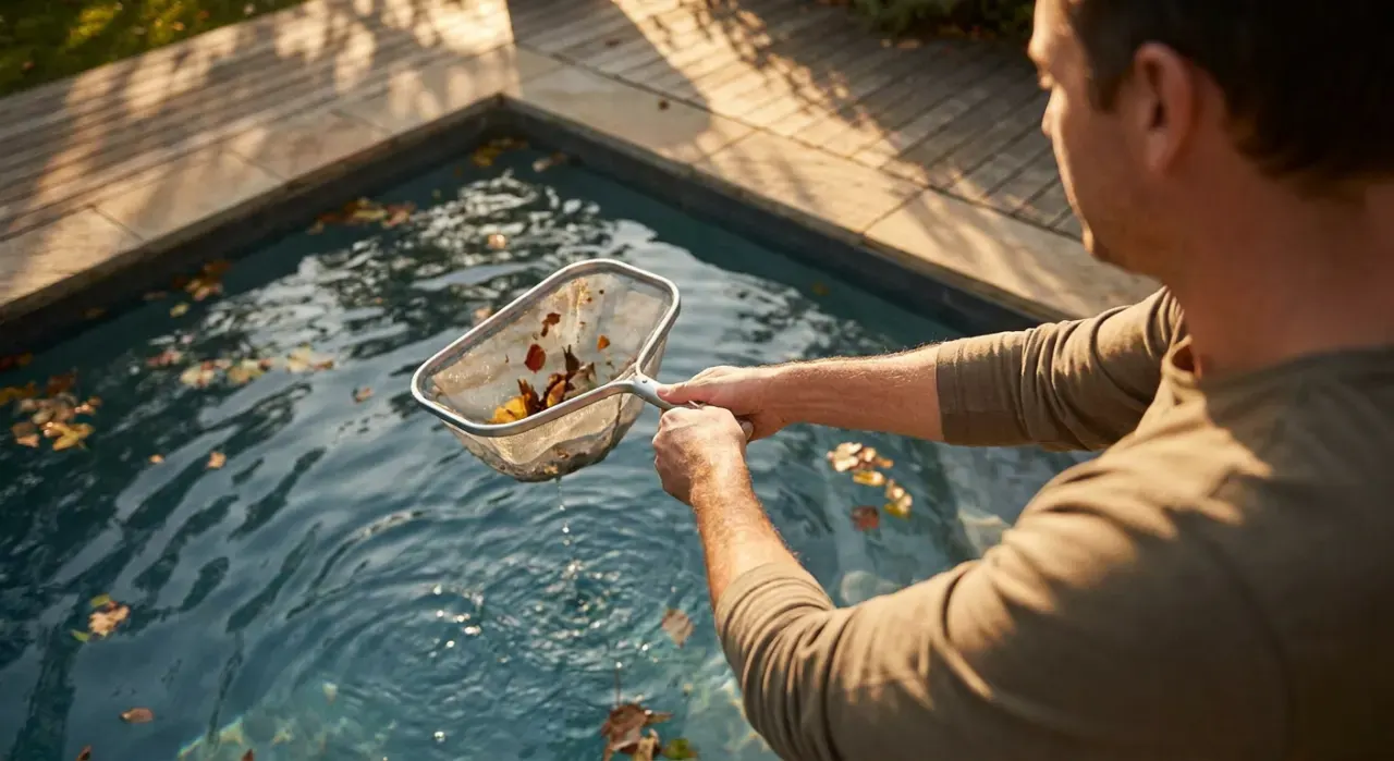 Overhead view of a person skimming leaves from the surface of a backyard pool, in warm late-afternoon light