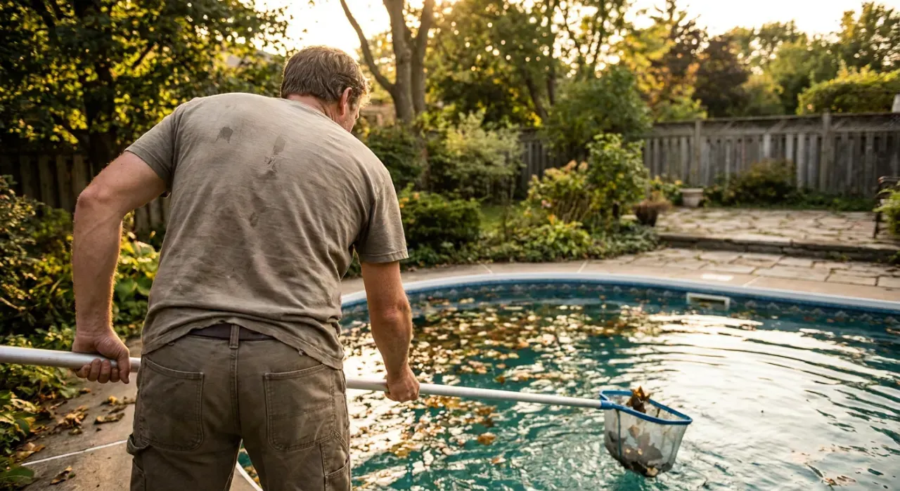 Wide environmental view of a person skimming leaves from the surface of a backyard pool, in warm late-afternoon light