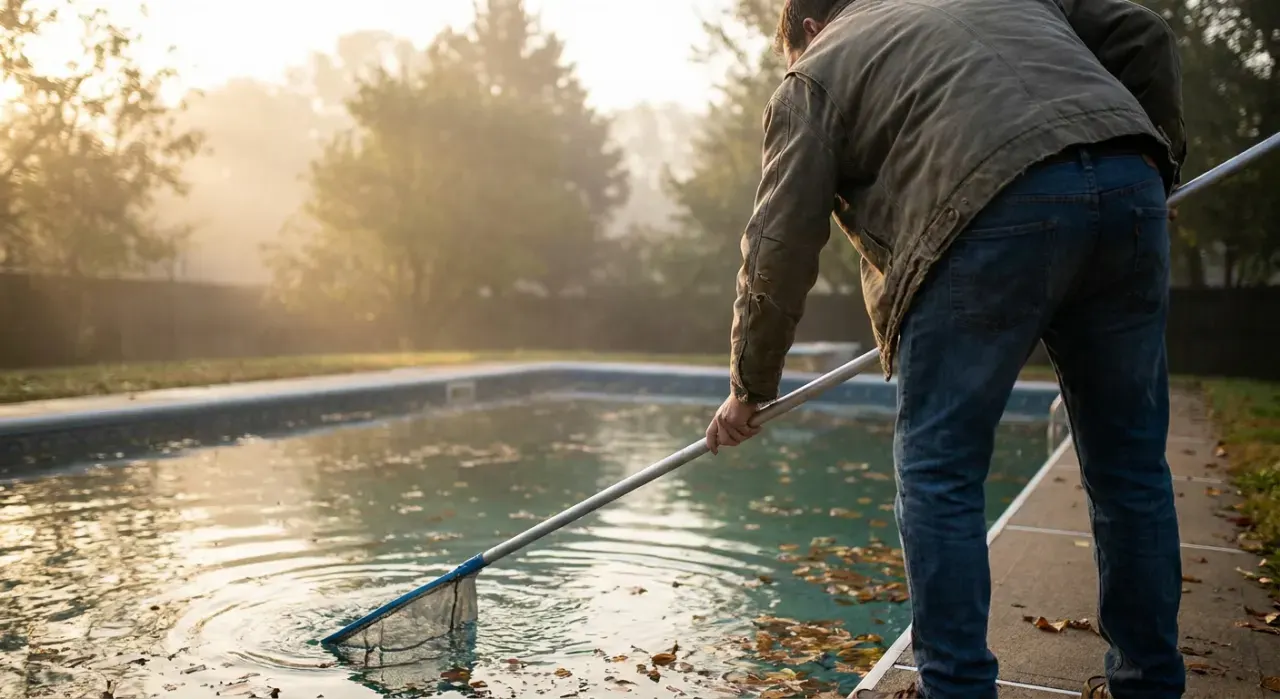 Low-angle view of a person skimming leaves from the surface of a backyard pool, in soft early-morning light