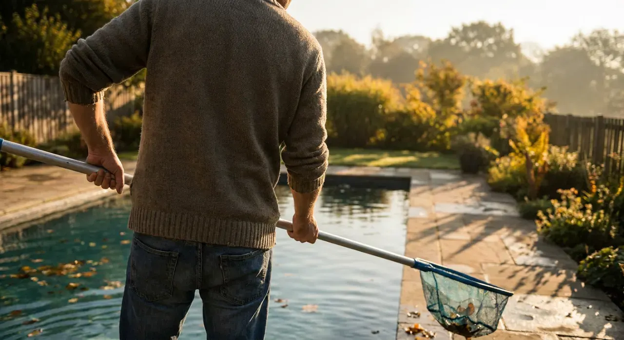 Golden-hour view of a person skimming leaves from the surface of a backyard pool