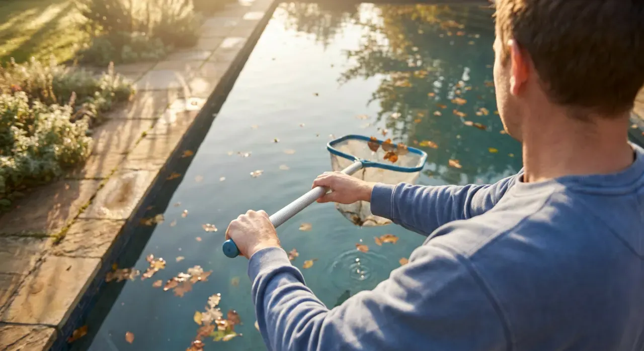 Overhead view of a person skimming leaves from the surface of a backyard pool, in soft early-morning light