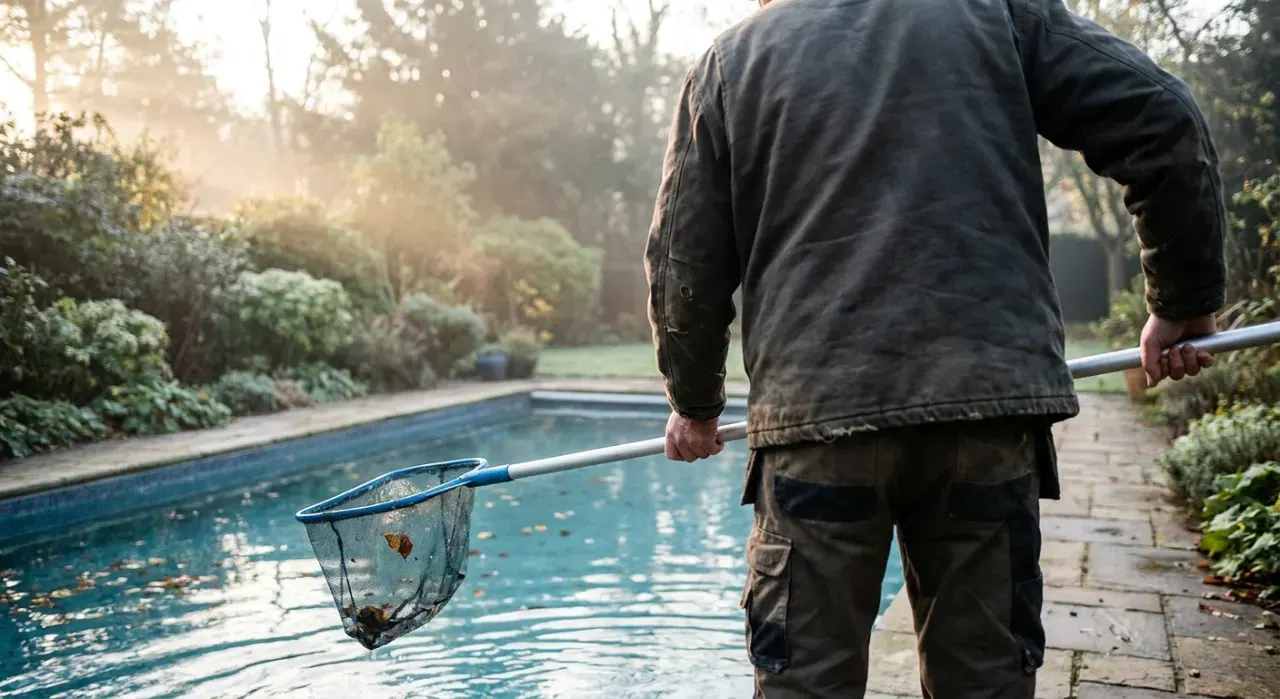 Wide environmental view of a person skimming leaves from the surface of a backyard pool, in soft early-morning light