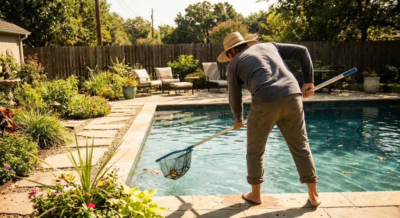 Wide view of a person skimming leaves from the surface of a backyard pool, in bright midday sun