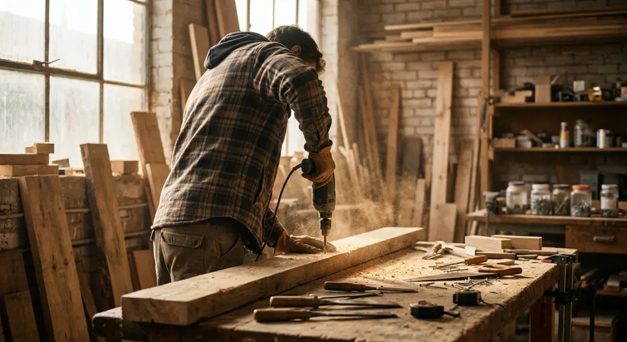 Wide view of a person drilling into a timber board on a workbench, sawdust in the air, in soft early-morning light