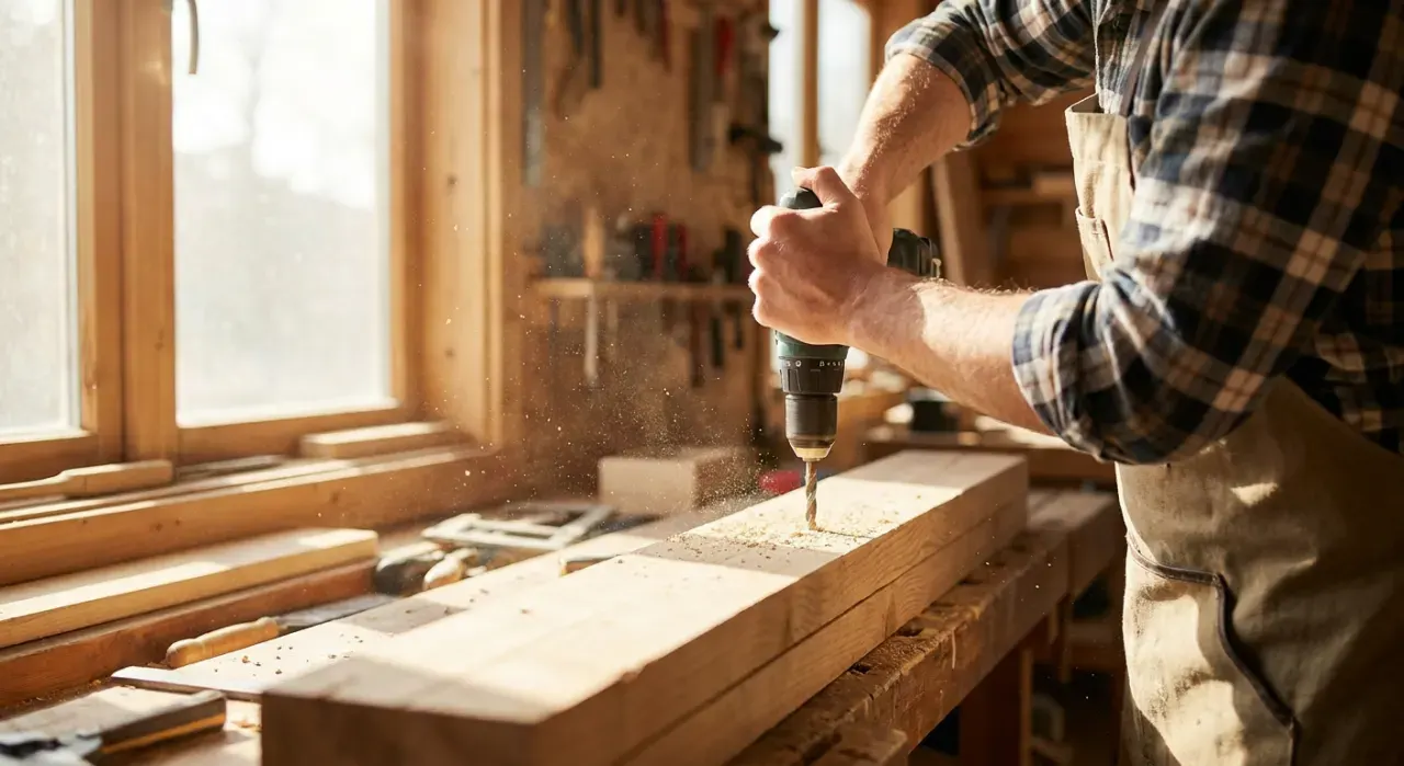 Over-the-shoulder view of a person drilling into a timber board on a workbench, sawdust in the air, in bright midday sun