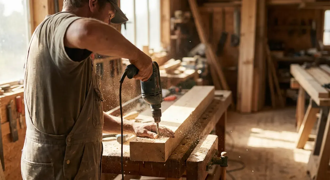 Three-quarter view of a person drilling into a timber board on a workbench, sawdust in the air, in bright midday sun