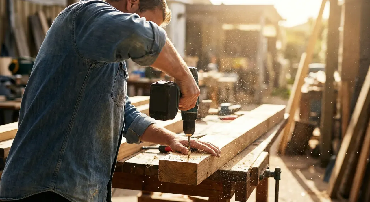 Low-angle view of a person drilling into a timber board on a workbench, sawdust in the air, in bright midday sun
