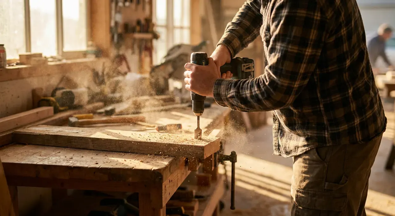 Golden-hour view of a person drilling into a timber board on a workbench, sawdust in the air